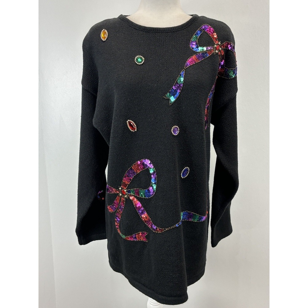 Vtg Karen Scott Embellished Tunic Sweater Womens L Bling Sequins 90s Bedazzled